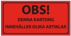 varningsetikett obs denna kartong innehåller olika artiklar