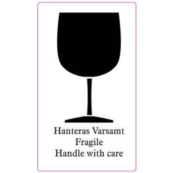 Symboletikett med texten Hanteras varsamt